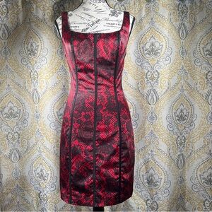 Red and Black Lace-Overlay Sheath Dress
